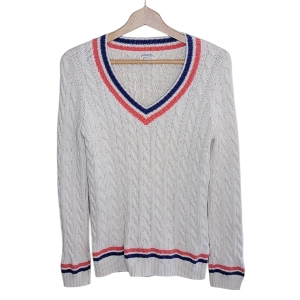 Johnnie B Cream Cable Knit Varsity Cricket Sweater Coral Navy Stripe Size 13-14Y